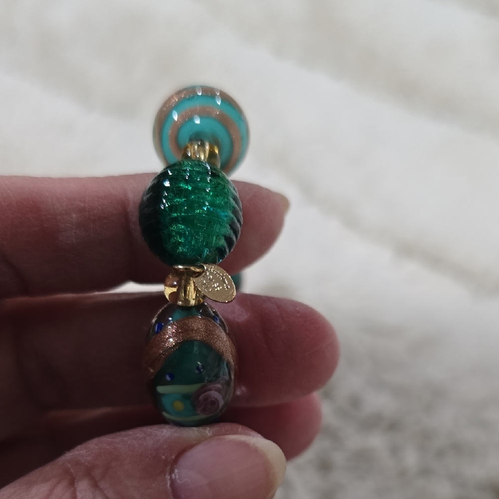 Elegant Green and Gold Beaded Bracelet. Murano. One Of A Kind. Hand Painted.